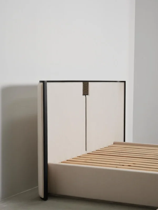 Modern Chinese Lacquered Bed with Curved Screen Headboard in black — detail