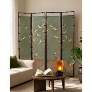 Cranes and Bamboo Double-Sided Four-Panel Screen in olive — front view