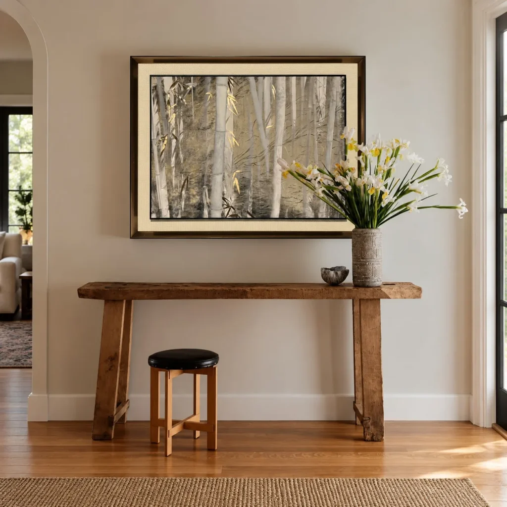New Chinese Birch Forest Wall Art in Black Frame — front view
