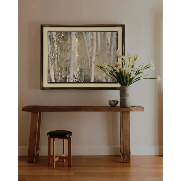 New Chinese Birch Forest Wall Art in Black Frame — in a room setting