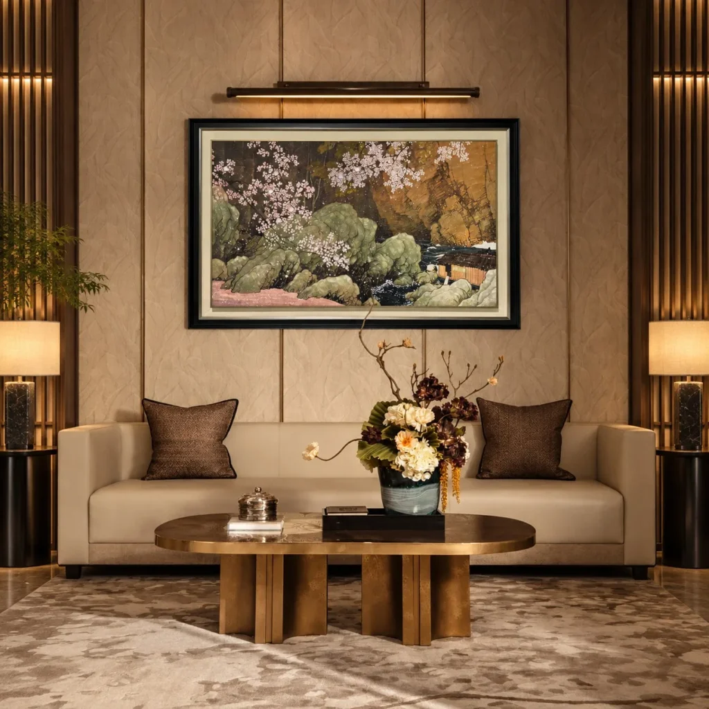 Wide Cherry Blossom Landscape Wall Art with Picture Light in olive — front view