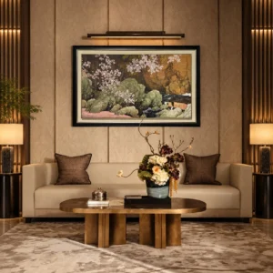 Wide Cherry Blossom Landscape Wall Art with Picture Light in olive — front view