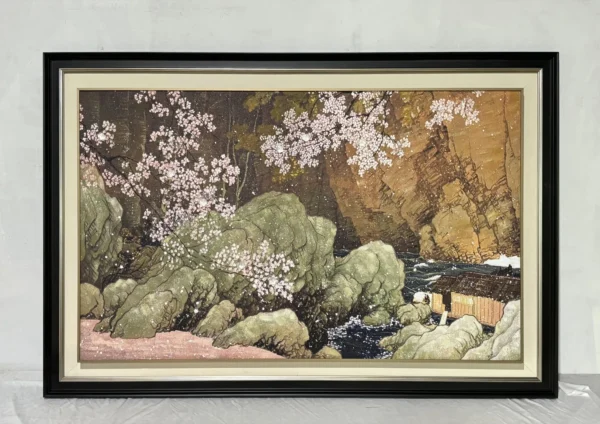Wide Cherry Blossom Landscape Wall Art with Picture Light in olive — in a room setting