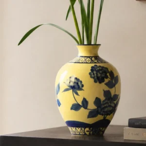 Hand-Painted Yellow Ground Blue Peony Ceramic Vase in mustard — front view
