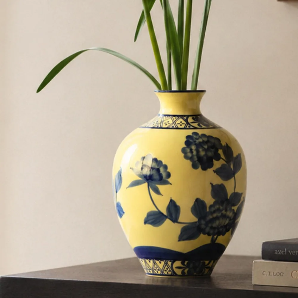 Hand-Painted Yellow Ground Blue Peony Ceramic Vase in mustard — front view