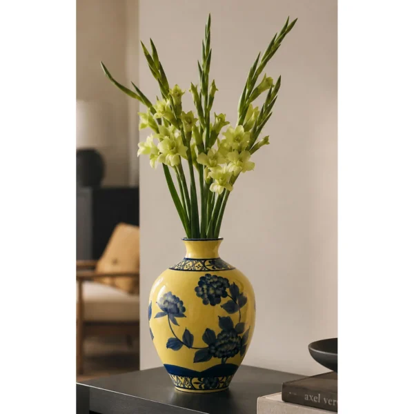 Hand-Painted Yellow Ground Blue Peony Ceramic Vase in mustard — in a room setting