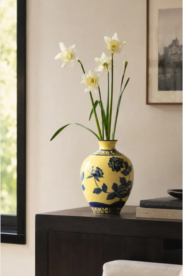 Hand-Painted Yellow Ground Blue Peony Ceramic Vase in mustard — in a room setting