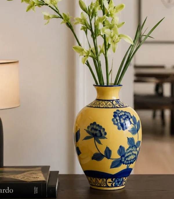 Hand-Painted Yellow Ground Blue Peony Ceramic Vase in mustard — in a room setting