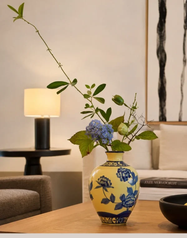 Hand-Painted Yellow Ground Blue Peony Ceramic Vase in mustard — in a room setting