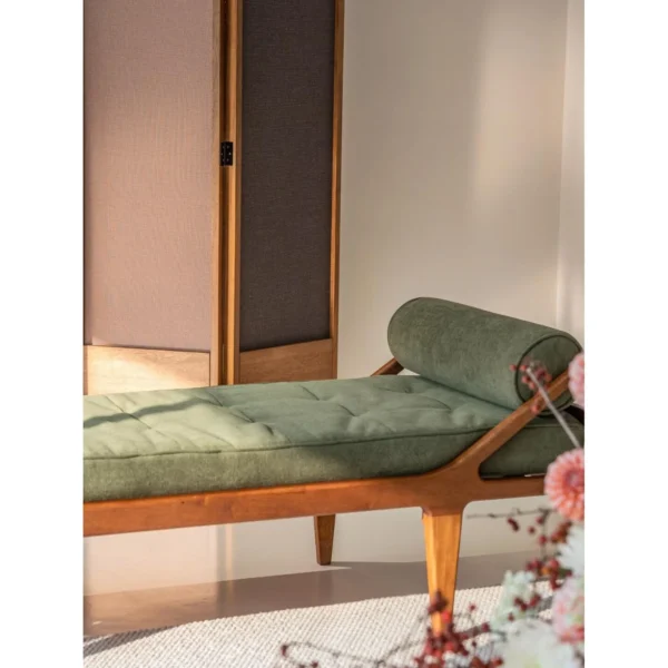 Walnut Daybed in Olive Velvet with Bolster and Folding — in a room setting