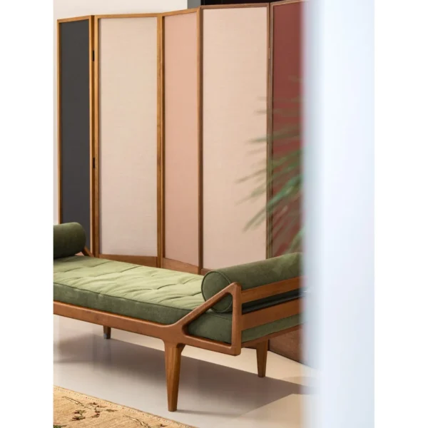 Walnut Daybed in Olive Velvet with Bolster and Folding — in a room setting