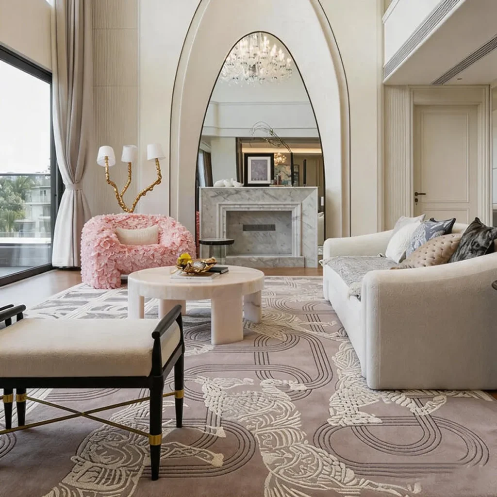 Flowing Line Rug in Taupe and Cream for Elegant Living Rooms — front view