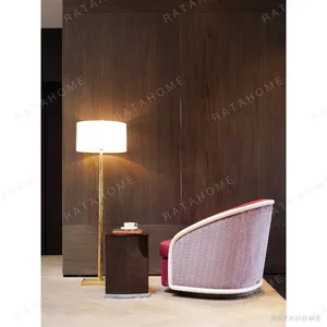 Handmade Red Velvet Barrel Armchair with White Piping in red — in a room setting