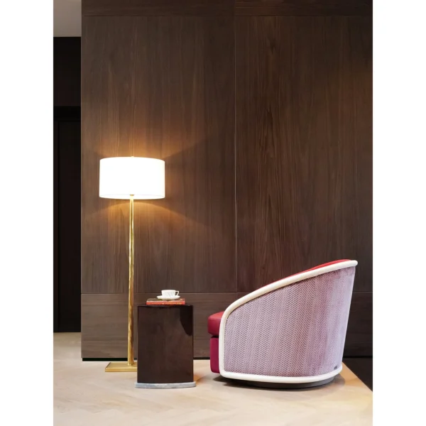 Handmade Red Velvet Barrel Armchair with White Piping in red — in a room setting