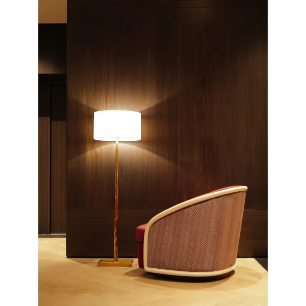 Handmade Red Velvet Barrel Armchair with White Piping in red — in a room setting
