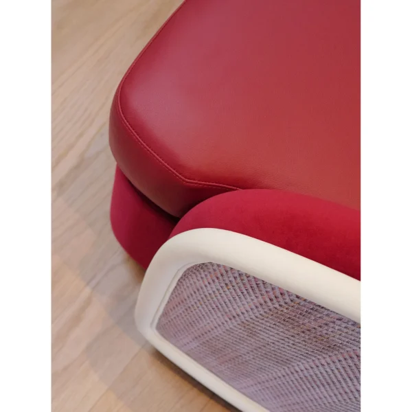Handmade Red Velvet Barrel Armchair with White Piping in red — in a room setting