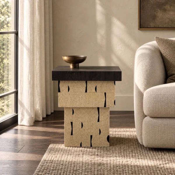Cork and Dark Wood Stacked Block Side Table in black — in a room setting