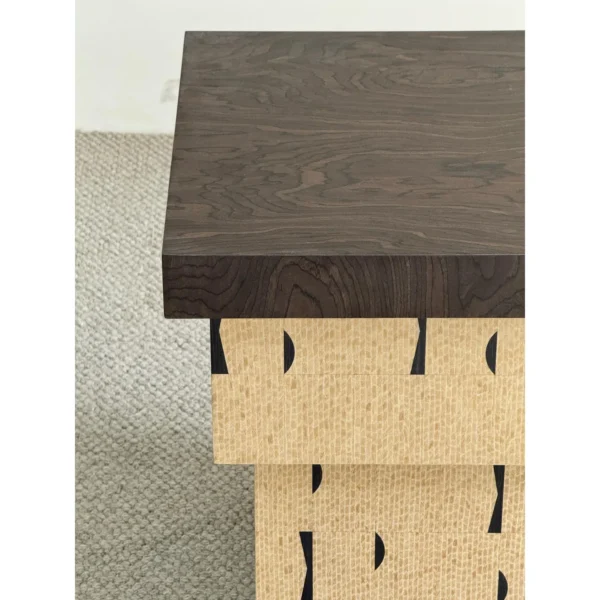 Cork and Dark Wood Stacked Block Side Table in black — in a room setting