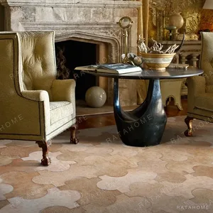 Abstract Leaf Form Rug in Sand and Cream for Studies — in a room setting
