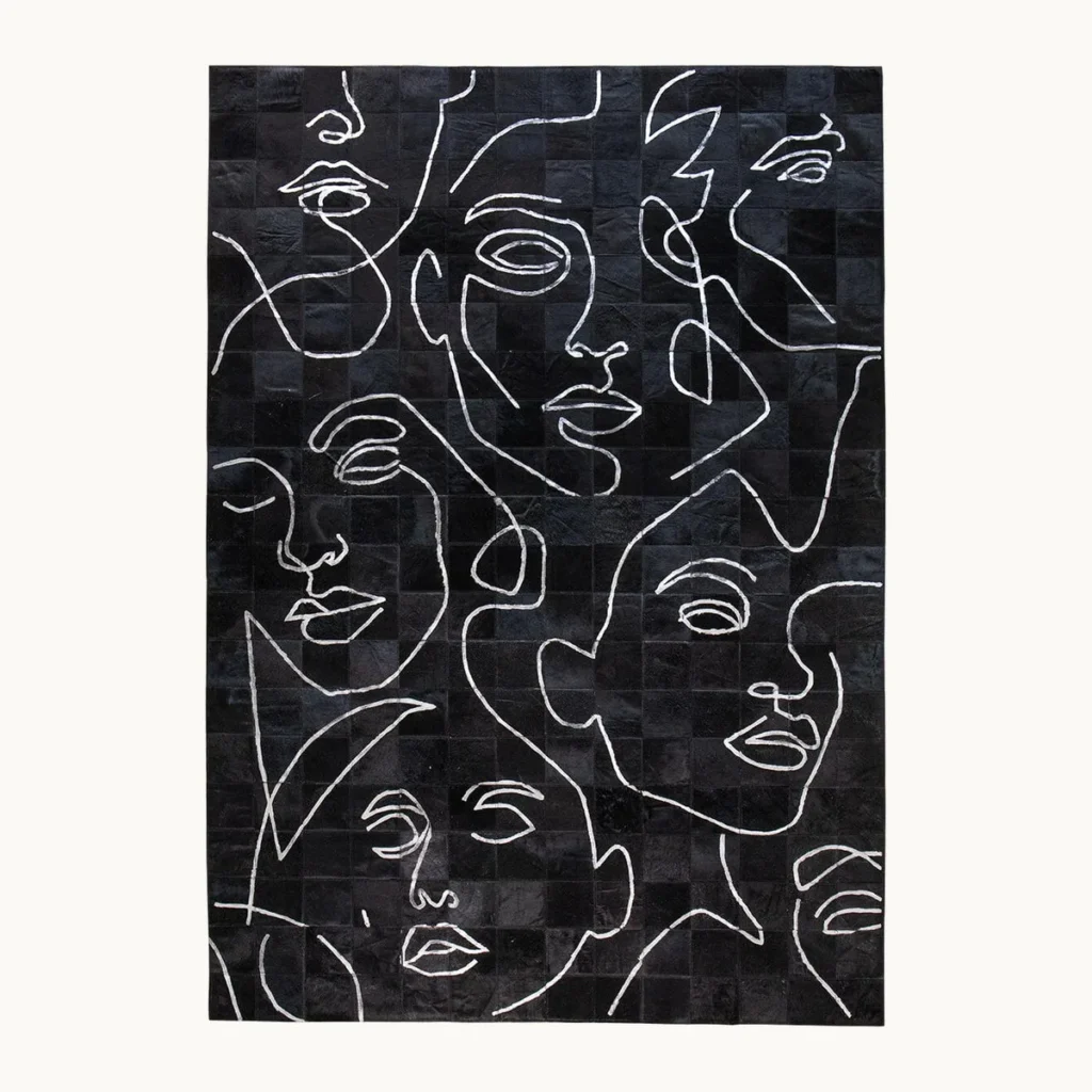 Line Drawn Faces Art Rug in Black and White — front view