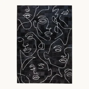 Line Drawn Faces Art Rug in Black and White — front view