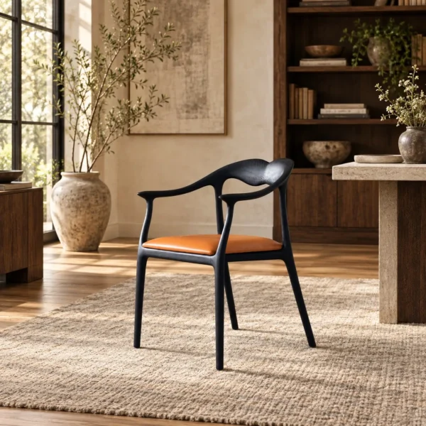 Black Bentwood Sculptural Dining Chair with Tan Leather Seat in black — in a room setting