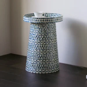 Geometric Blue Shadow Capiz Shell Tray-Top Side Table in blue — front view