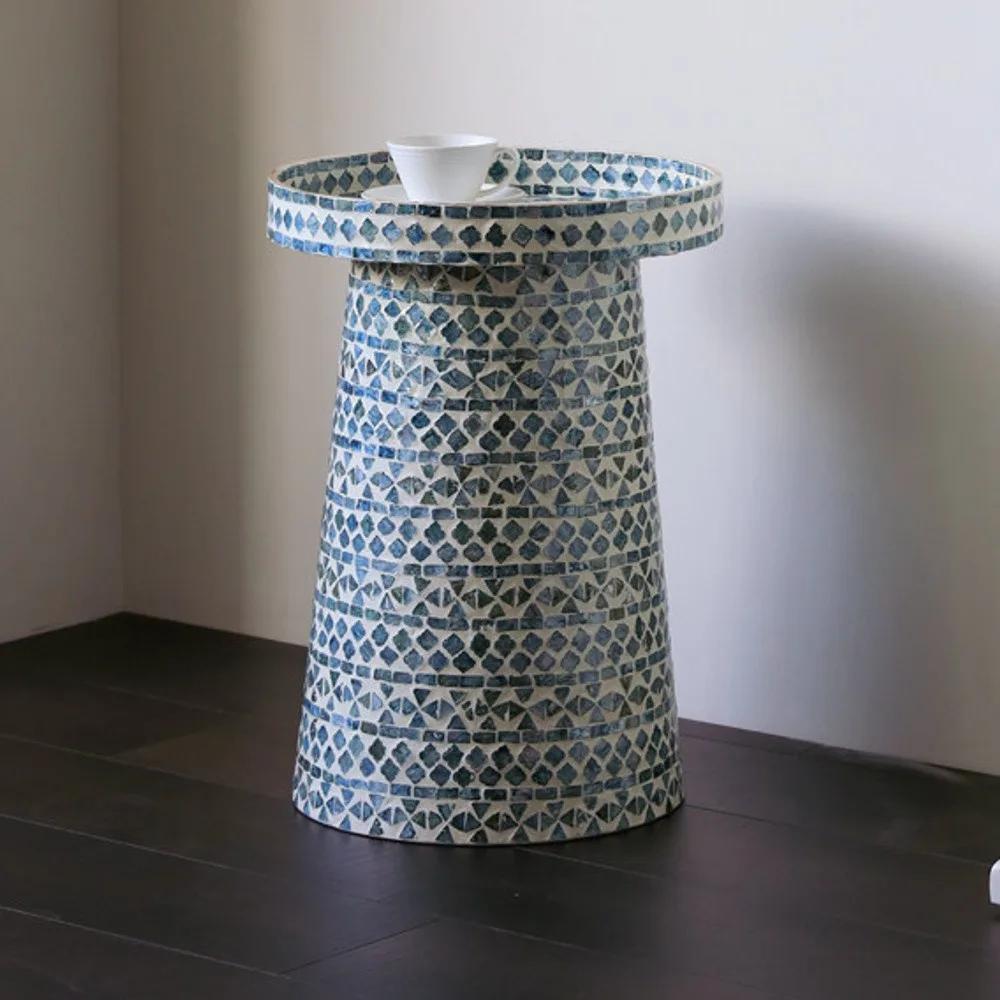 Geometric Blue Shadow Capiz Shell Tray-Top Side Table in blue — front view