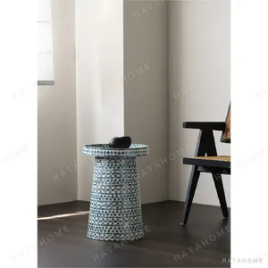 Geometric Blue Shadow Capiz Shell Tray-Top Side Table in blue — in a room setting