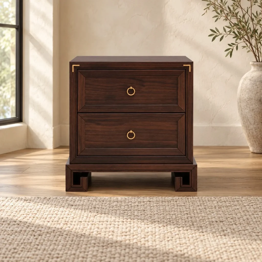 Dark Wood Two-Drawer Nightstand in clay — front view