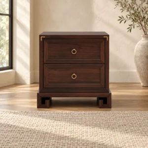 Dark Wood Two-Drawer Nightstand in clay — front view