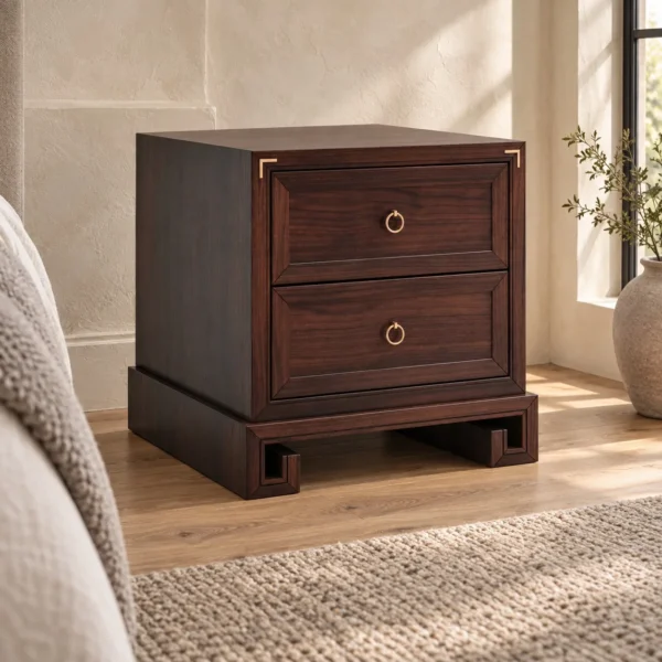Dark Wood Two-Drawer Nightstand in clay — in a room setting