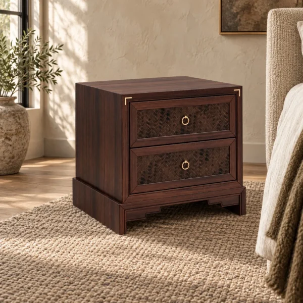 Dark Wood Nightstand in clay — in a room setting