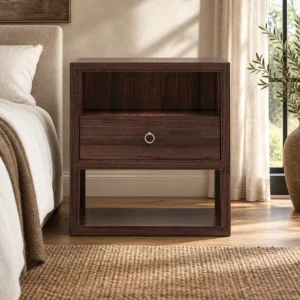 Dark Wood Open-Frame Nightstand with Ring Pull in clay — front view