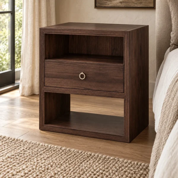 Dark Wood Open-Frame Nightstand with Ring Pull in clay — in a room setting