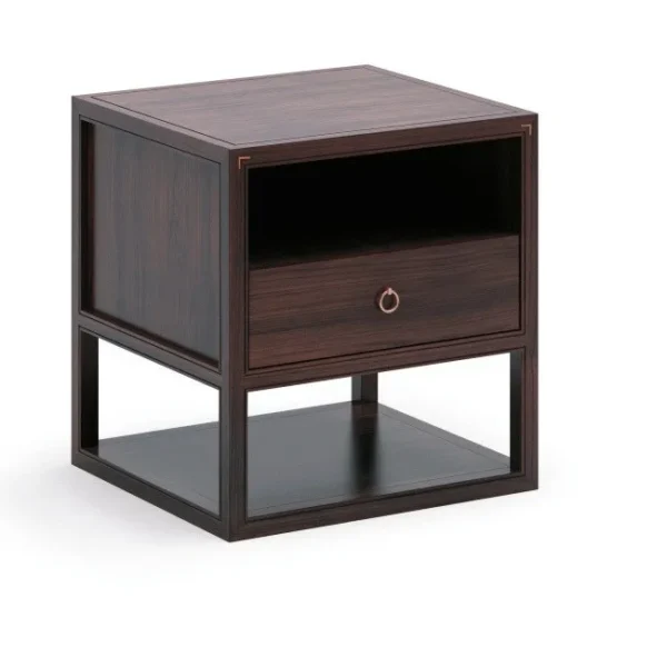 Dark Wood Open-Frame Nightstand with Ring Pull in clay — in a room setting