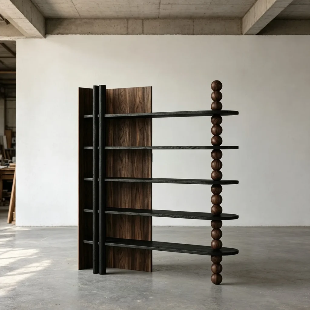Oak Open Bookshelf with Beaded Column and Panel Screen in walnut — front view