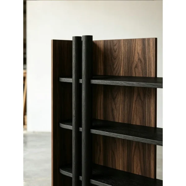 Oak Open Bookshelf with Beaded Column and Panel Screen in walnut — in a room setting