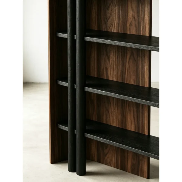 Oak Open Bookshelf with Beaded Column and Panel Screen in walnut — in a room setting