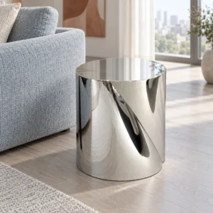Twisted Cylinder Mirror Steel Side Table in silver — front view