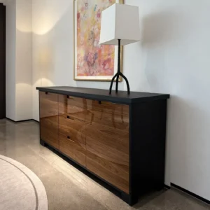 Noye Smoked Oak and Gloss Walnut Sideboard in black — front view