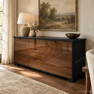Noye Smoked Oak and Gloss Walnut Sideboard in black — in a room setting
