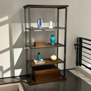 Metal Frame Display Shelf with Walnut Shelves and Drawer in black — front view