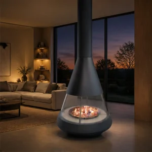 Nydia Suspended Trumpet Fireplace with Glass Ring, 110 cm in black — front view