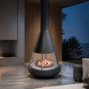 Nydia Suspended Trumpet Fireplace with Glass Ring, 110 cm in black — in a room setting