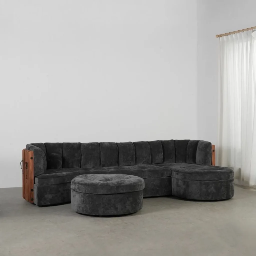 Low-Back Modular Sofa in Charcoal Velvet with Walnut Detail, 320 cm — front view