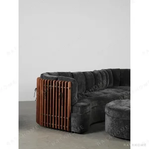 Low-Back Modular Sofa in Charcoal Velvet with Walnut Detail — in a room setting