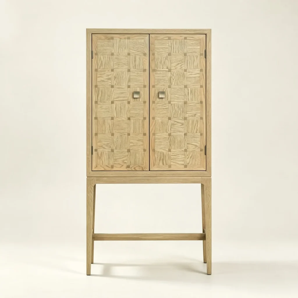 Oak Checkerboard Marquetry Highboy in solid oak — front view