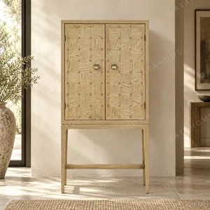 Oak Checkerboard Marquetry Cabinet on Tall Legs in natural oak — in a room setting