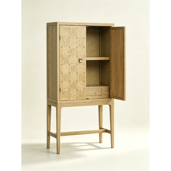 Oak Checkerboard Marquetry Cabinet on Tall Legs in natural oak — in a room setting